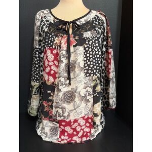 Hope Springs Women's Patchwork Floral Leopard Lace Tie Front Sm Blouse Cottage